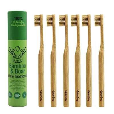 Image of Gaia Guy Natural Boar Bristle Bamboo Toothbrush Compostable and Biodegradable