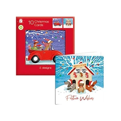 Image of Giftmaker Pack 10 Square Christmas Cards Family Friends 2 Designs Cute Cartoon Dogs