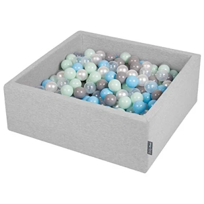 Image of KiddyMoon 90X30cm/200 Balls ∅ 7Cm / 2.75In Square Baby Foam Ball Pit Made In EU, Light Grey:Pearl/Grey/Transparent/Baby Blue/Mint