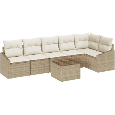 Image of vidaXL 7 Piece Garden Dining Set with Cushions Brown Poly Rattan