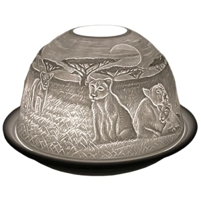 Image of Cello Porcelain Tealight Holder Dome, Lion Design. a Candle Projecting 3D Loving Image. Ornament Use With Tealights or LED lights King Gifts For Women.
