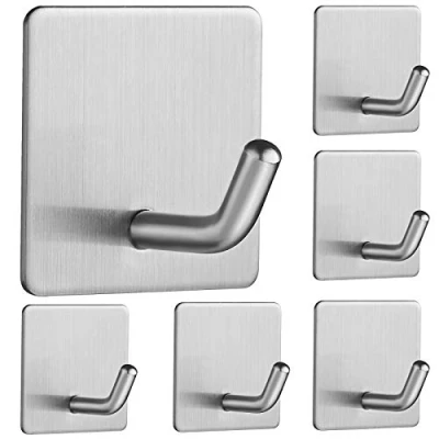 Image of JS Self Adhesive Hooks, Stick on Hooks Holder for Tea Towel Robe Coat Kitchen Bathrooms,Stainless Steel Sticky Wall Hooks,Waterproof and Rustproof, 6 Pack