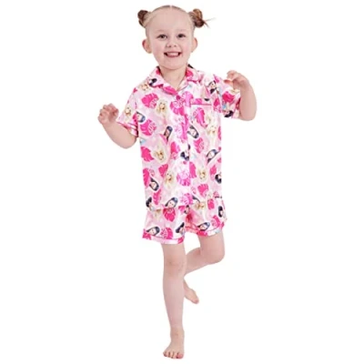 Image of Girls Barbie Short Pyjamas Satin Button (Barbie Satin, 5 6 Years)