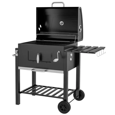 Image of Outsunny Charcoal Grill BBQ Trolley with Adjustable Grate, Garden Metal Smoker Barbecue Shelf, Side Table, Wheels, Built in Thermometer, Bottle Opener