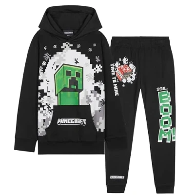 Image of Minecraft Boys Tracksuit Set Comfy Loungewear Activewear Gaming Gifts for (Black/Green, 13 14 Years)