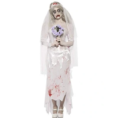 Image of Smiffys Till Death Do Us Part Zombie Bride Costume, White with Dress, Veil and Bouquet, Halloween Alley Fancy Dress Up Costumes