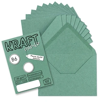 Image of 25x Vintage envelopes in eucalyptus (green) DIN B6 125 x 178 mm kraft paper 120 g m² recycled wet glue pointed flap UmWelt by GUSTAV NEUSER
