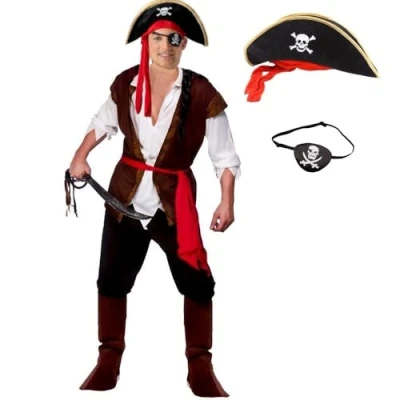 Image of Adult Mens Caribbean Pirate Fancy Dress Costume + Hat with Bandana Skull &amp; Crossbones Eye Patch Option (Costume, Patch, XL)