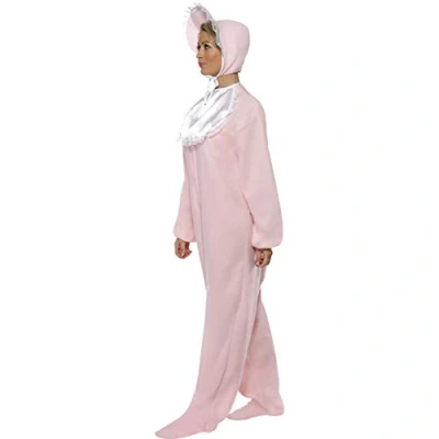 Image of Smiffys Baby Romper Costume, Pink with Fleece Bodysuit, Bonnet &amp; Bib, Funny Fancy Dress, Comedy Dress Up Costumes