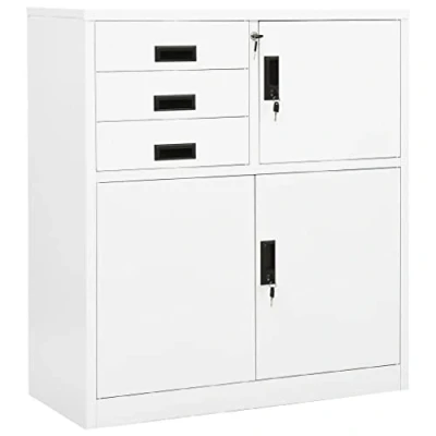 Image of vidaXL Steel Office Cabinet Durable File Storage, White with Adjustable Shelf and Inside Locker, Filing 3 Drawers