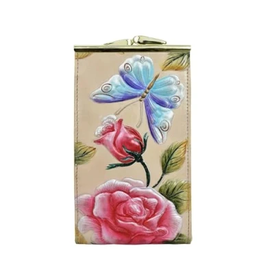 Image of Anuschka Women’s Hand Painted Genuine Leather Double Eyeglass Case Tooled Rose Almond