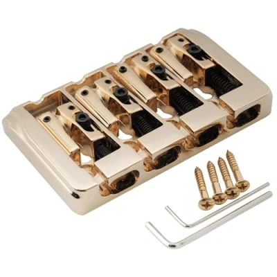 Image of Musiclily Pro 19mm Locking Saddles Hard Zinc 4 String Bass Bridge, Gold