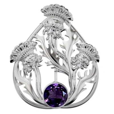 Image of CAIRN Small Sterling Silver Scottish Thistle Brooch With Amethyst Baird. Jewellery Gift Box Included. 6122