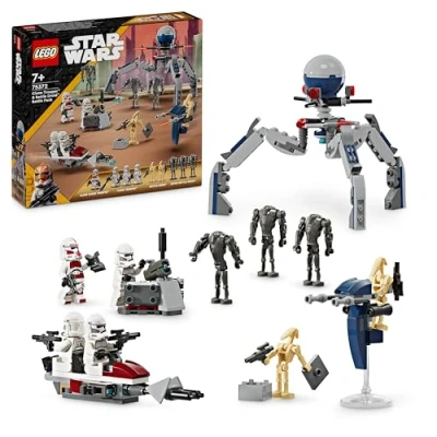 Image of LEGO Star Wars 75372 Clone Trooper &amp; Battle Droid Pack, incl. 4 Minifigures, 5 Droids and a Speeder Bike with Shooters Building Toys for 7+ Year Old Boys Girls