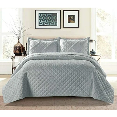 Image of Luxury Quilted Solid Colour Bedspread Ruffle Embossed Comforter with Pillow Case Bedding Set (Silver, King)