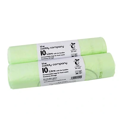 Image of 10L x 100 Tie Handle Compostable Kitchen Caddy Liners Large Food Waste Bin EN 13432 10 Litre Bags with Composting Guide