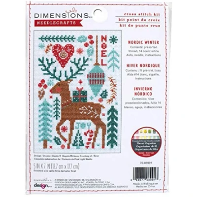 Image of Dimensions 70 08991 Nordic Winter Embroidery Christmas Cross Stitch Kit, 5&#039;&#039; x 7&#039;&#039;, 14 Count White Aida, Multi