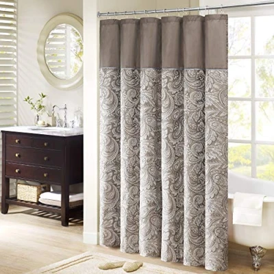 Image of Madison Park Aubrey Design Stripe Top Modern Shower Curtain, Jacquard Traditional Curtains for Bathroom, 72 X 72, Blue