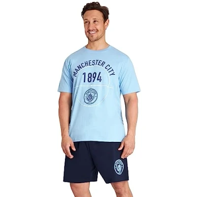 Image of Manchester City F.C. Mens Short Pyjamas Set, Cotton Lounge Wear Man Gifts (Blue, 2XL)