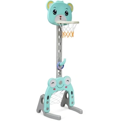 Image of GYMAX Kids Basketball Hoop Set, 3 in 1 Height Adjustable Stand with Football Goal and Ring Toss, Outdoor Indoor Sports Activity Centre for Boys Girls