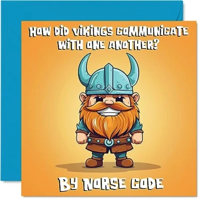 Image of Funny Birthday Cards for Women Men Dad Joke Viking Happy Card Mum Brother Sister Son Daughter Nan Grandad Cousin Colleague, 145mm x Humour Banter Greeting