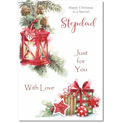 Image of doodlecards Stepdad Christmas Card Lamp and Parcels Medium Size for with Plain Envelope