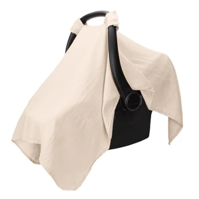 Image of Muslin Cotton Baby Car Seat Cover, Universal Fit Carseat Canopy Covers for Babies, Girls and Boys by Comfy Cubs (Sand)
