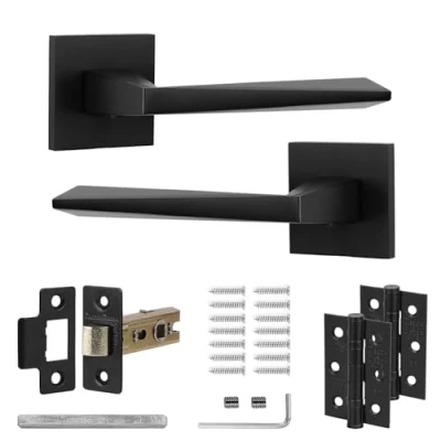 Image of Decoranddecor Black Door Handles Internal Aluminium Matt Handle Sets for Wooden Interior Doors with Mortice Latch and Hinge Leda Range