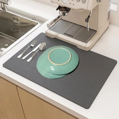 Image of SOQKEEN Dish Drying Mat for Kitchen Counter, 20&quot;x12&quot; Absorbent Hide Stain Mat, Draining Board Mats with Non Slip Rubber Backed, Self Coffee Machine