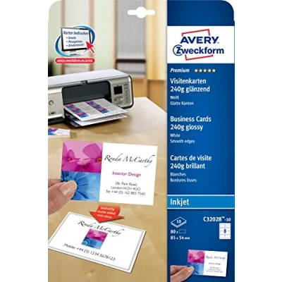 Image of Avery Quick and Clean Business Cards Inkjet 220gsm 8 per Sheet Gloss Ref C32028 10 [80 Cards]