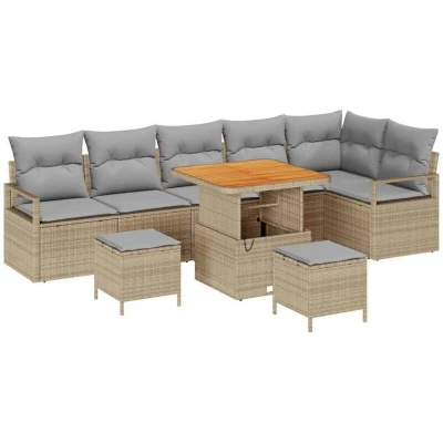 Image of vidaXL 9 Piece Garden Sofa Set with Cushions Beige Poly Rattan Acacia