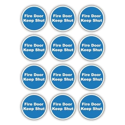 Image of Stcky Fire Door Keep Shut Sign Stickers (Round) Pack of 12 Self Adhesive Vinyl (80mm x 80mm) Safety Signs Closed