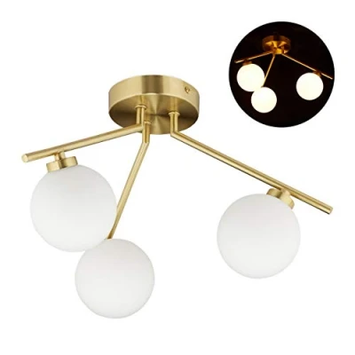 Image of Relaxdays Ceiling Light, 3 Way, G9 Bulbs, Glass Lampshades, Midcentury Lamp, H x D: 24.5 36 cm, Golden, Iron, Gold