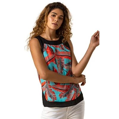 Image of Roman Originals Women Contrast Trim Leaf Print Top Ladies Spring Everyday Summer Holiday Round Neck Soft Sleeveless Comfy Back Button Cruise Shirt Vacation Blouses Orange Size 20