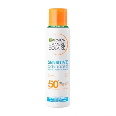 Image of Garnier Ambre Solaire SPF 50+ Sensitive Advanced Dry Mist Sun Cream Spray, Water Resistant &amp; Non Greasy Sunscreen, Fragrance Free, UVA UVB Protection, Approved by Cruelty Free International, 150ml