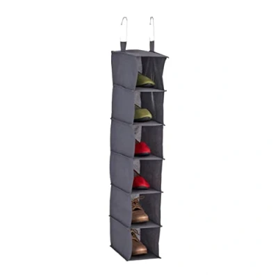 Image of Relaxdays Hanging Wardrobe Storage, Narrow, for Shoes &amp; Clothes, 6 Compartments, Fabric, HWD: 99x15x30 cm, 2 Hooks, Grey, 70% fleece 20% fibreboard 10% cardboard