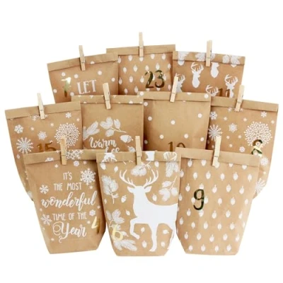 Image of Papierdrachen DIY Advent Calendar for Filling, 24 Printed Gift Bags and Number Stickers Clips, Crafting Gifts, Christmas, Motiv: White Cosy Winter