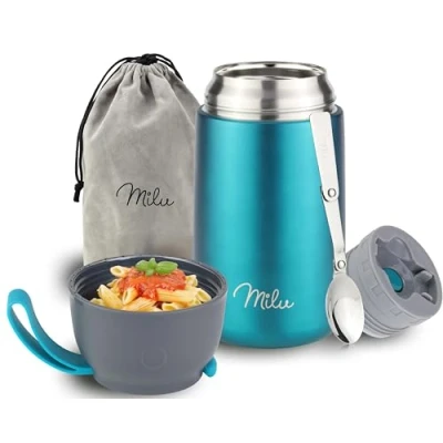 Image of Milu® Thermo Food Flask 300, 440, 450, 650, 800ml Stainless Steel Insulated Container Lunchbox Jar with Spoon for hot and Cold (Green, 800ml)