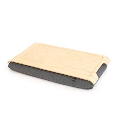 Image of Bosign Laptray with bean bag cushion. Portable Lap desk for Laptop, Breakfast, Dinner. Non slip tray. Washable, removable cushion cover. Natural Ash wood. Grey MINI (43x23x6,5 cm)