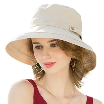Image of SOMALER Womens Cotton Wide Brim Sun Hats UPF50+ UV Packable Beach Hat Summer Bucket Cap for Travel, Button Decoration beige, One Size