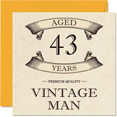 Image of Vintage 43rd Birthday Cards for Men Aged 43 Years Fun Card Colleague Dad Husband Boyfriend Uncle Brother Friend, 145mm x Greeting Cards,