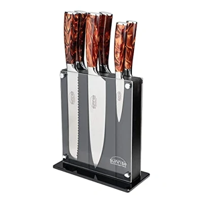 Image of Rockingham Forge Sunrise Collection 7 Piece Kitchen Knife Set, Premium Stainless Steel with Resin Handles Chef’s Knife, Carving Bread Boning Utility Paring