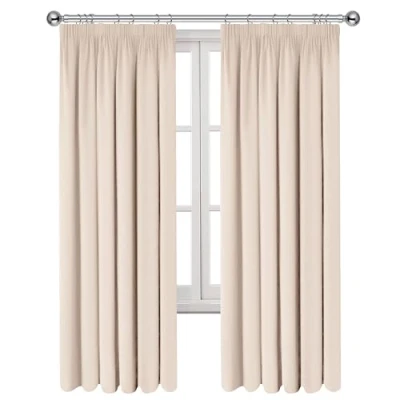 Image of Imperial Rooms Blackout Pencil Pleat Curtains for Bedroom 66 x 90 Drop Inch Cream Thermal Insulated Window Treatments, 2 Panels with Tiebacks