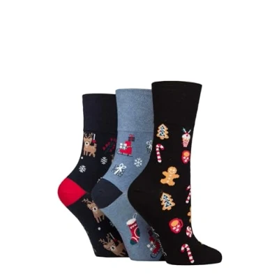 Image of Women&#039;s 3 Pair SOCKSHOP Gentle Grip Christmas Socks Navy / Black 4 8