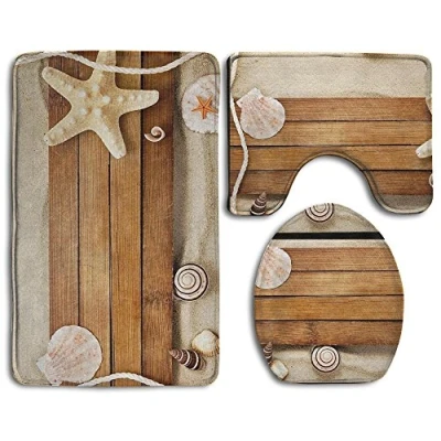 Image of RedBeans Seashells Starfish Wood On The Beach Non Slip Bath Mat Set 3 Piece Bathroom Includes Contour Rug Lid Toilet Cover
