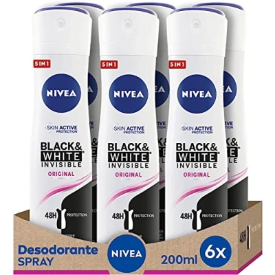 Image of NIVEA Black &amp; White Invisible Original Spray 6 Pack (6 x 200 ml), Feminine Care Stain Deodorant, Protect Skin and Clothing