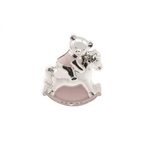 Image of Christening Gift Silver Plated Pink Enamelled Rocking Horse With Teddy Money Box
