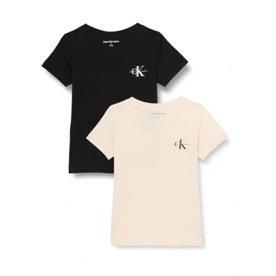 Image of Calvin Klein Jeans Monologo V NECK TEE 2 PACK Basic Tshirt, Women&#039;s, Size: Small, Moonbeam/black