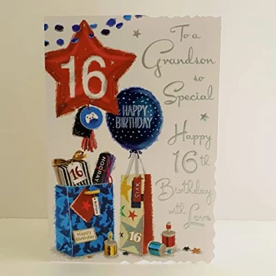 Image of Jonny Javelin Grandson Happy 16th Birthday Card Age 16 Balloons Presents