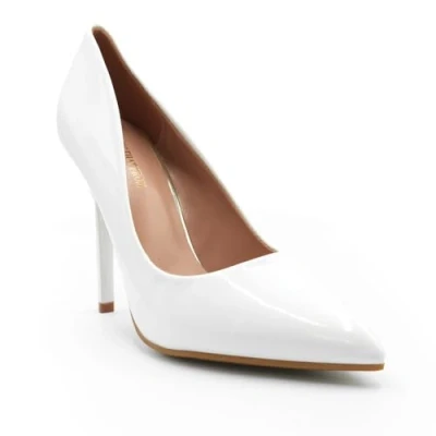 Image of Womens High Heel Pointed Toe Pumps Smart Office Work Courts Shoes Ladies Party Prom Wedding Bridal Occasion Heeled Court Stiletto Heels Size White Patent